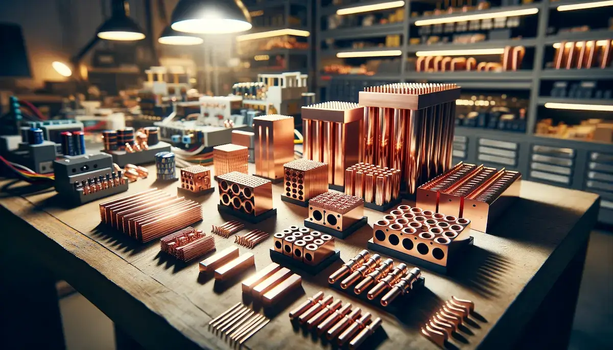 DALL·E 2023 10 26 12.02.16 Photo of a well lit workbench showcasing a variety of custom copper busbars each with distinct shapes and sizes. The busbars are arranged in a system